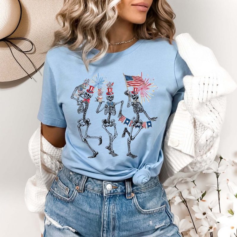 4th of July Skellies, 4th of July Shirts, Dancing Skeleton Shirt, American Flag Shirt,4th of July, Stars and Stripes Shirt, Red White Blue - NL0325 - Image 2
